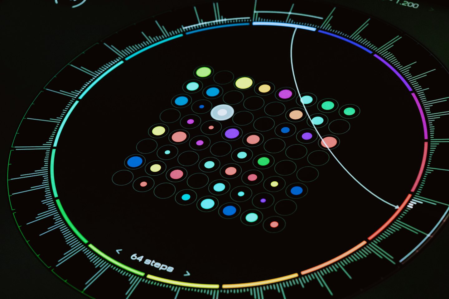 Digital interface with colorful glowing dots and a progress bar.